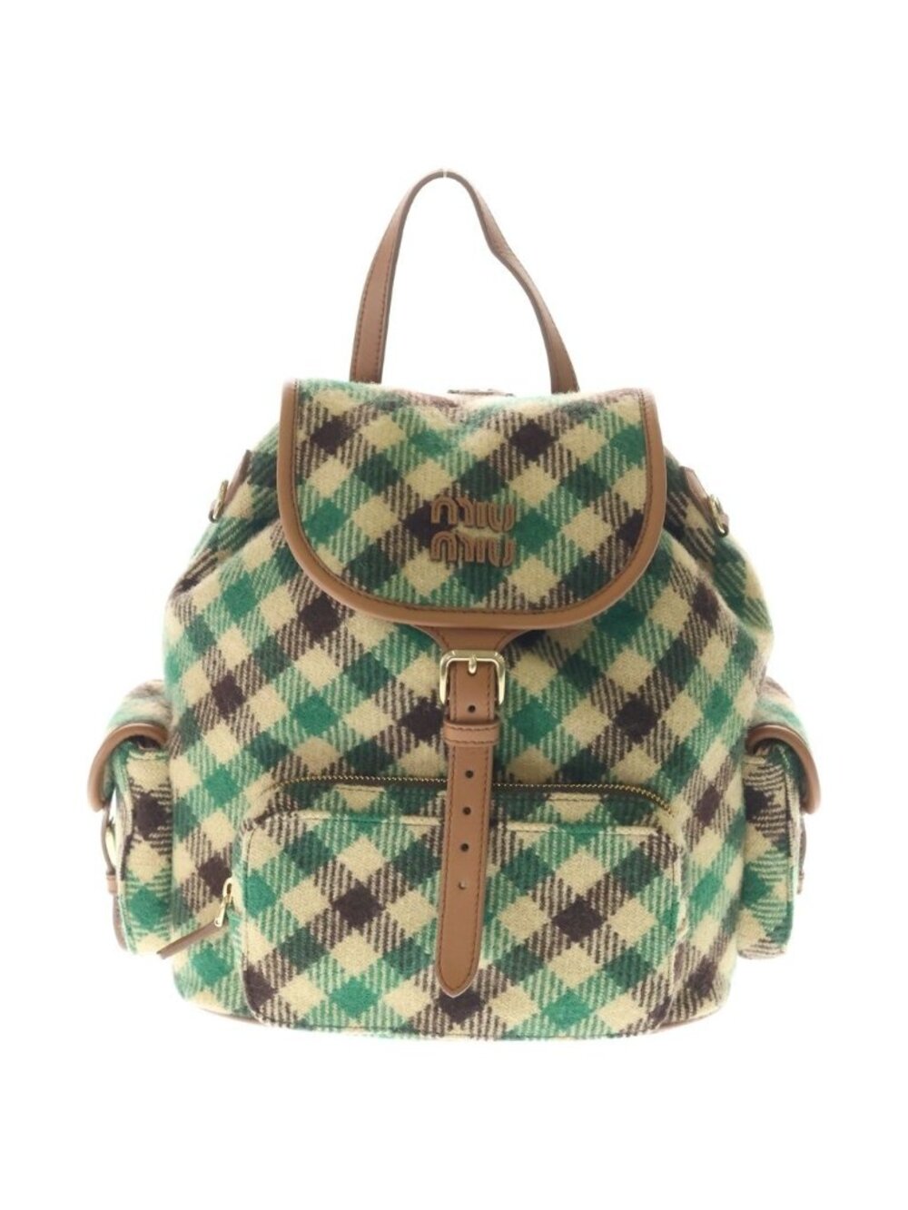 Miu Miu Plaid and Leather Backpack Tartan Check Wool Green Beige
